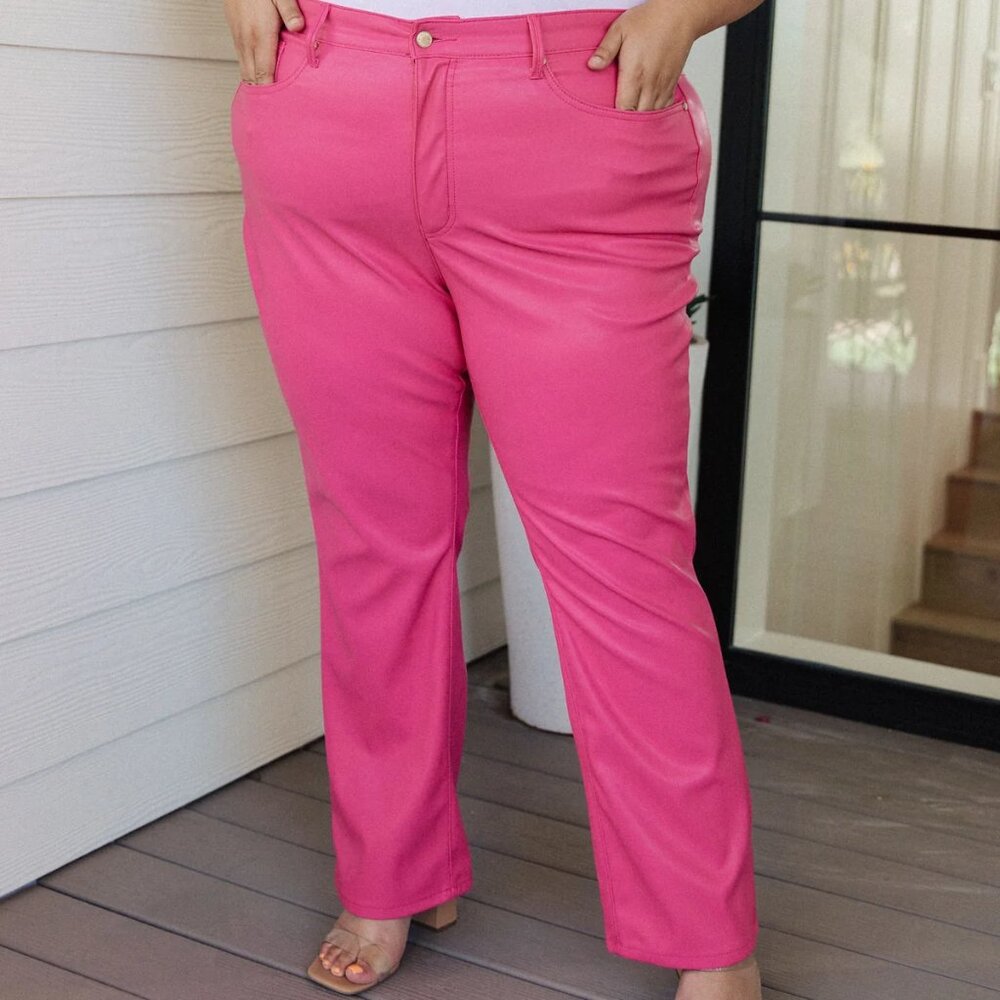 TANYA CONTROL TOP FAUX LEATHER PANTS IN HOT PINK - Picture 7 of 10
